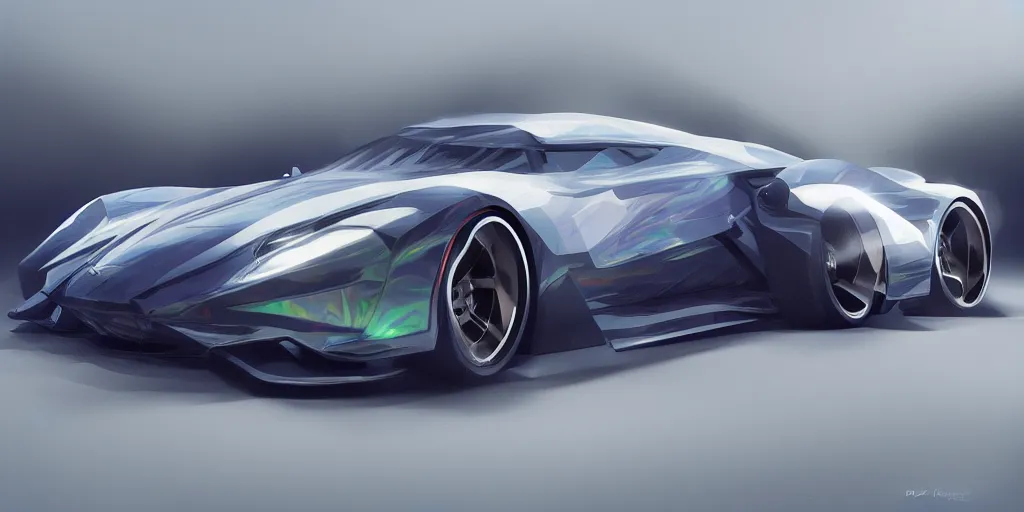 Image similar to a custom-built sport car, painted in dark color holographic pearlescent, elegant, digital painting, concept art, smooth, sharp focus, art style from Wang Ke and Greg Rutkowski and Bruce Kaiser and Scott Robertson and Dmitry Mazurkevich and Doruk Erdem and Jon Sibal