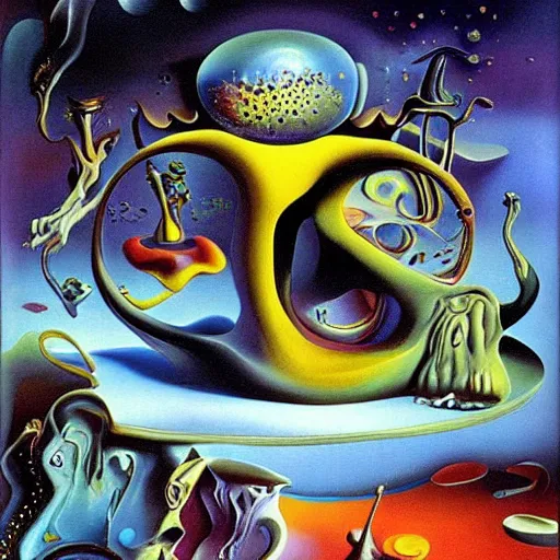 Prompt: a hd surrealism painting of 3d cast glass galactic trippy neon cartoon surrealism melting creature by salvia dali the fourth, salvador dali's much much much much more talented painter cousin, 4k, ultra realistic