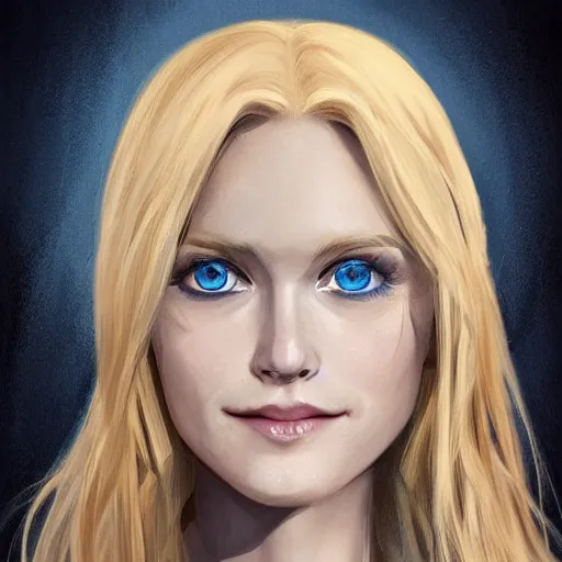 Image similar to portrait, 30 years old women :: fantasy :: blue eyes, long straight blonde hair, beeing happy, smiling :: attractive, symmetric face :: brown medieval cloting, natural materials :: high detail, digital art, RPG, concept art, illustration