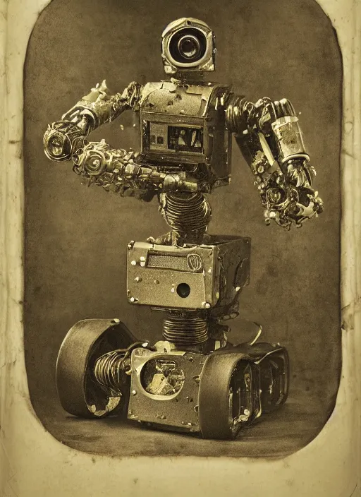 Image similar to old wetplate daguerreotype portrait of futuristi robot, dubbel exposuree, explosion of data fragments, fractal, intricate, elegant, highly detailed, parallax, leica, medium format, subsurface scattering, by jheronimus bosch and greg rutkowski and louis jacques mande daguerre