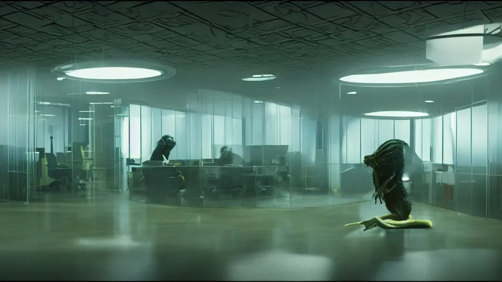 Image similar to the strange creature in the high tech office building, it is glowing, film still from the movie directed by denis villeneuve and david cronenberg with art direction by salvador dali