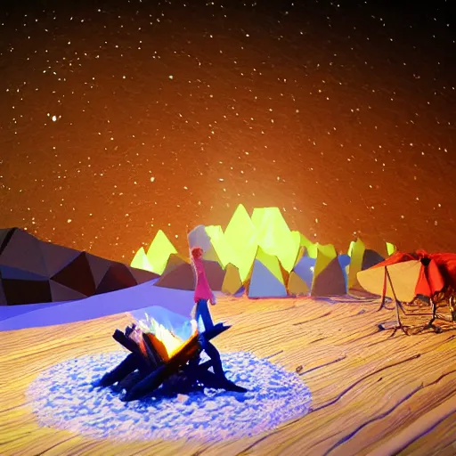 Image similar to real footage of low poly shrimps dancing around a campfire on the forest at night