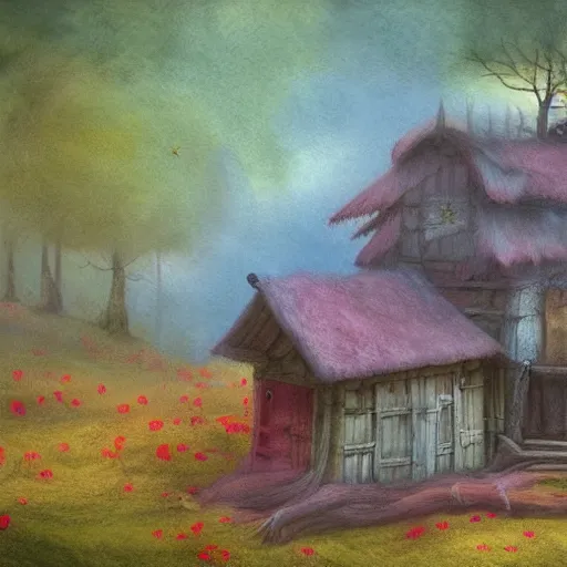 Image similar to small wooden house in the middle of spring forest, bright colours, watercolor, volumetric wool felting, macro photography, children illustration, by christophe vacher