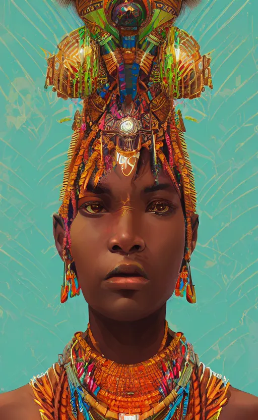 Image similar to upper half portrait of retro futuristic african tribal chief - embellished with vegetation and iridescent crystals, art by chsiao - ron cheng, highly detailed, digital painting, concept art, illustration, smooth sharp focus, intricate, symmetry, artstation, colourful,