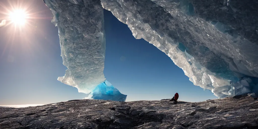 Prompt: a space traveler on a cliff is contemplating a fractured iceberg, full arctic sunny day, hdr photography