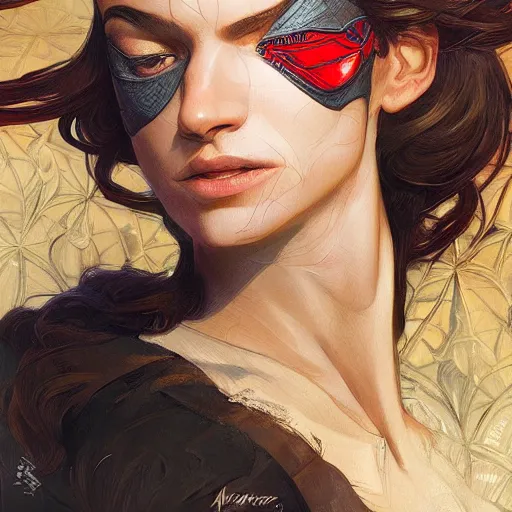 Image similar to Beautiful portrait of spiderman, wide angle, intricate, wild, highly detailed, digital painting, artstation, concept art, smooth, sharp focus, illustration, art by artgerm and greg rutkowski and alphonse mucha - W 768