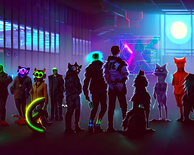 Image similar to high - resolution photograph from a cyberpunk era furry fandom convention ( midwest furfest 2 0 4 7 ), taking place after the genetic revolution and quantum singularity. photorealistic.