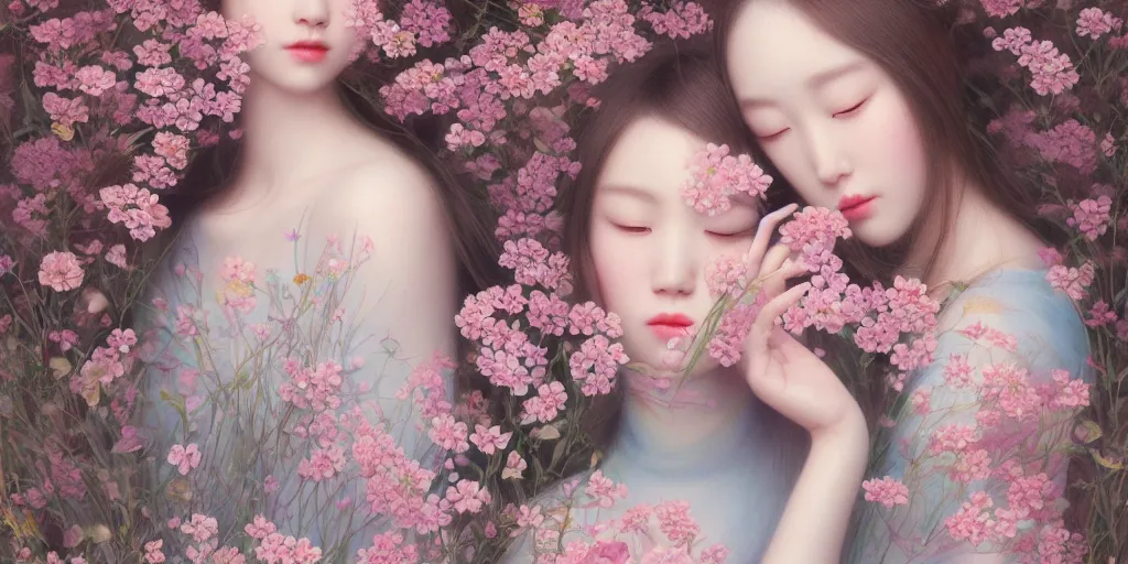 Image similar to breathtaking delicate painting pattern blend of flowers and girls, by hsiao - ron cheng, bizarre compositions, many exquisite detail, pastel colors, 8 k