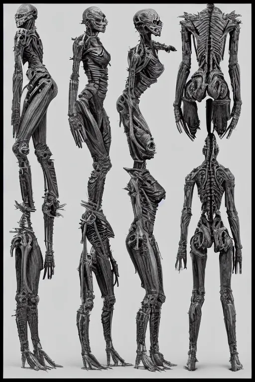 Image similar to she devil with gunmetal grey skin, medical anatomy, very symmetrical face, highly detailed, mecha, three - perspective / three - view reference sheet ( front / back / side ), in the style of dan ouellette, hr giger, sil from species, dren from splice, biomechanical, artstation, unreal engine