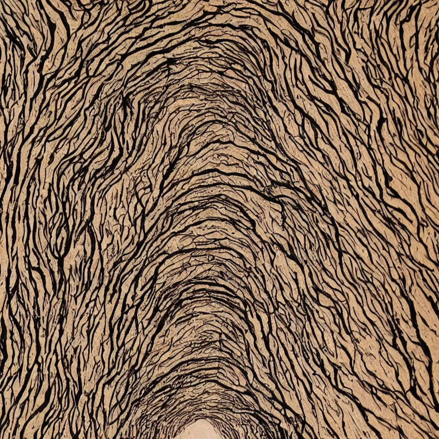 Prompt: Artwork about walking through the paths drawn in tree bark'.