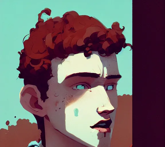 Prompt: portrait man with red curly hair and bright eyes, by atey ghailan, by greg rutkowski, by greg tocchini, by james gilleard, by joe fenton, by kaethe butcher, by ashley wood, dynamic lighting, gradient light blue, brown, blonde cream and white color scheme, grunge aesthetic