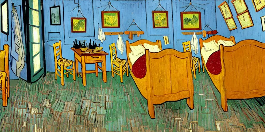 Image similar to a cozy bedroom decorated by Vincent Van Gogh, detailed, high resolution, wow!, intricate