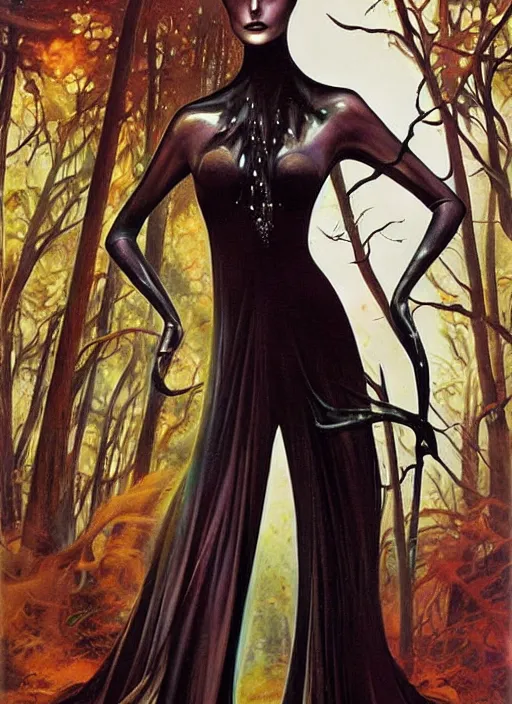 Image similar to slender sylph queen, black iron crown, diamond shimmering dress, strong line, deep color, forest, beautiful! coherent! by boris vallejo, by brom