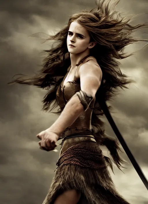 Image similar to hyper realistic photo of warrior princess emma watson, full body, rule of thirds, cinematic,