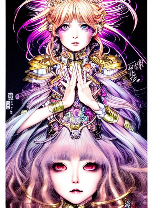 Image similar to highly detailed terada katsuya ayami kojima atrstation manga poster of princess mechine, rainbow gradient reflection, cute face by artgerm, long hair, armor, dress, laces, ruffles, 8 k, maximalist, jump comics