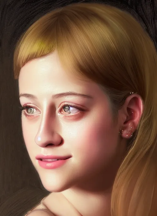 Image similar to portrait of teenage lili reinhart with bangs, smiling kindly, bangs, 1 9 6 0 s, ponytail, bangs and ponytail, intricate, elegant, glowing lights, highly detailed, digital painting, artstation, concept art, smooth, sharp focus, illustration, art by wlop, mars ravelo and greg rutkowski