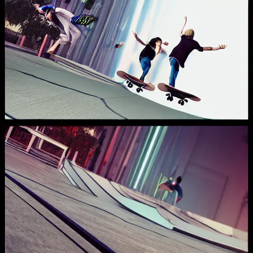 Prompt: skateboarding with friends doing varial flips, in the style of artgerm, Ryoji Ikeda, Riyoko Ikeda, 3d render, artstation trending, 8k, octane render, photorealistic, sharp detail, manga