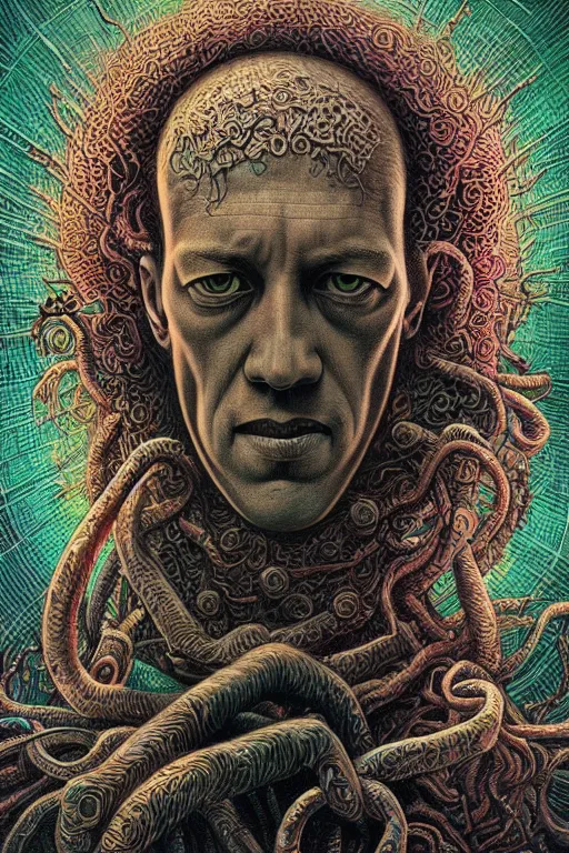 Prompt: h. p. lovecraft portrait, alex grey, patrick woodroffe, mark ryden created by gustave dore and greg rutkowski, high detailed, smooth draw, synthwave neon retro, intricate, realistic proportions, dramatic lighting, trending on artstation