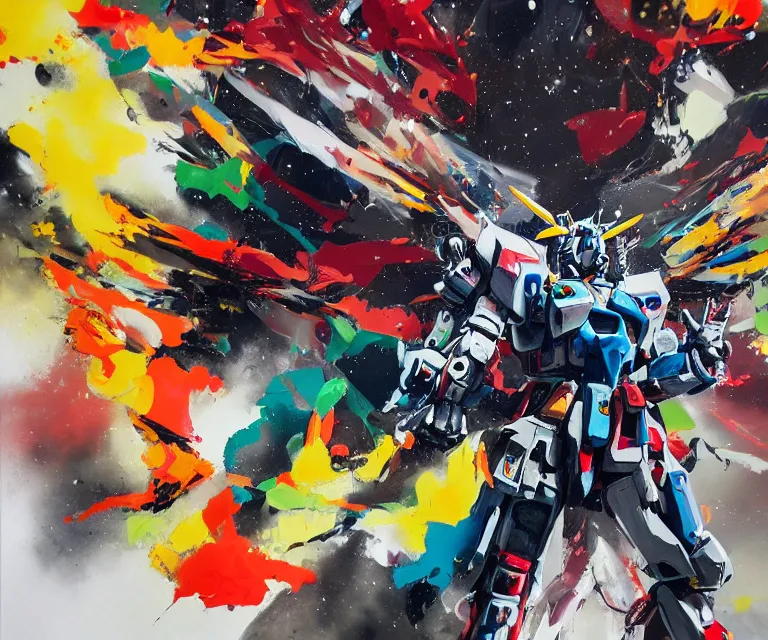 Image similar to acrylic and spraypaint action portrait of a giant gundam battling in space, explosions, graffiti wildstyle, large brush strokes, painting, paint drips, acrylic, clear shapes, spraypaint, smeared flowers, origami crane drawings, large triangular shapes, painting by ashley wood, totem 2, jeremy mann, masterpiece