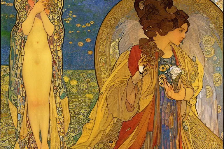 Image similar to the annunciation oil painting cross between the styles of alphonse mucha and gustav klimt gold leaf, intricate detailed,