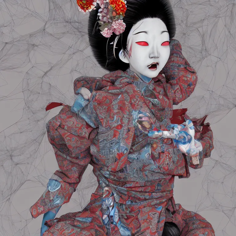 Image similar to disconfigured geisha, dark art by james jean, conjuring psychedelic part by shintaro kago, part by ross tran, part by ariduka 5 5, ultra realistic, high definition, 3 d render, masterpiece