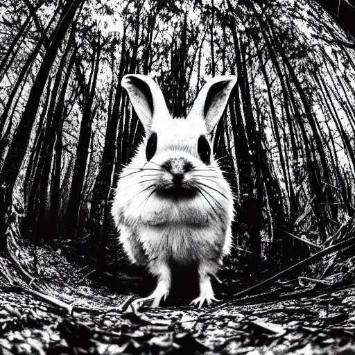 Image similar to fish eye footage of a death rabbit with human face in the forest, black and white night