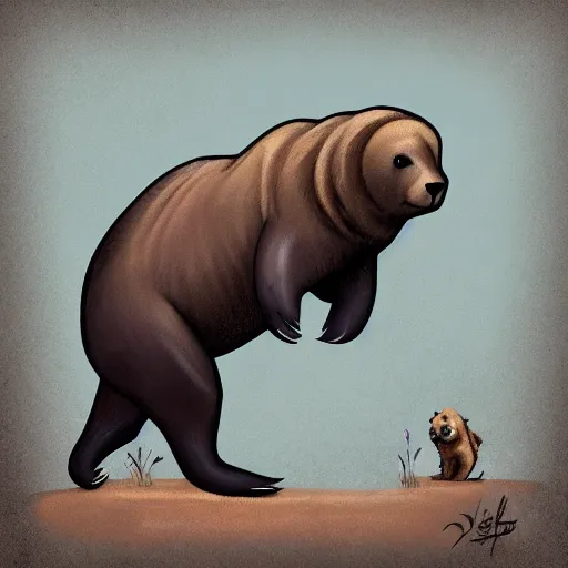 Prompt: Seal character riding a grizzly bear character. Art station