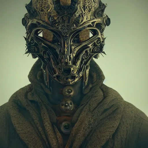 Image similar to Very very very very highly detailed epic photo of demonic face with venetian mask, intricate, dystopian, sci-fi, extremely detailed, digital painting, artstation, concept art, smooth, sharp focus, illustration, intimidating lighting, incredible art by Anton Pieck, Octane render in Maya and Houdini VFX