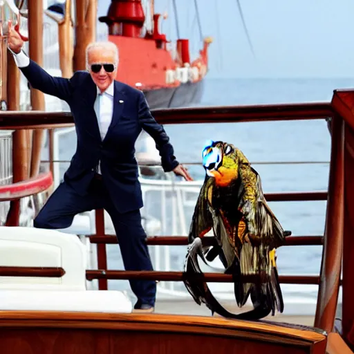 Image similar to Joe Biden as a pirate chasing his parrot on the main ship deck.