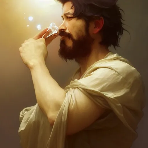 Image similar to A man drinking a cup of cosmic energy bright light, illustration by Ruan Jia and Mandy Jurgens and William-Adolphe Bouguereau, Artgerm, 4k, digital art, surreal, anime style, space dandy style, highly detailed, godsend, artstation, digital painting, concept art, smooth, sharp focus, illustration by Ruan Jia and Mandy Jurgens and William-Adolphe Bouguereau, Artgerm