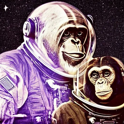 Image similar to double exposure portrait of astronaut and a chimpanzee astronaut with space and time in the the background by davinci, circles, psychedelic, pencil art, high definition, dynamic lighting stars, sharpness, golden ratio