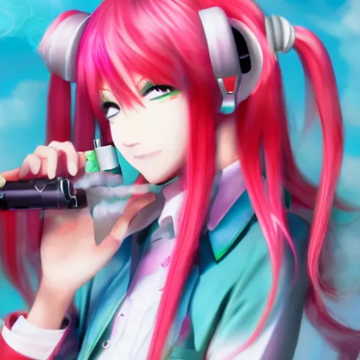 Image similar to hatsune miku smoking weed with a vape pen, smoke coming out of her mouth, bloodshot eyes, artstation, 4 k