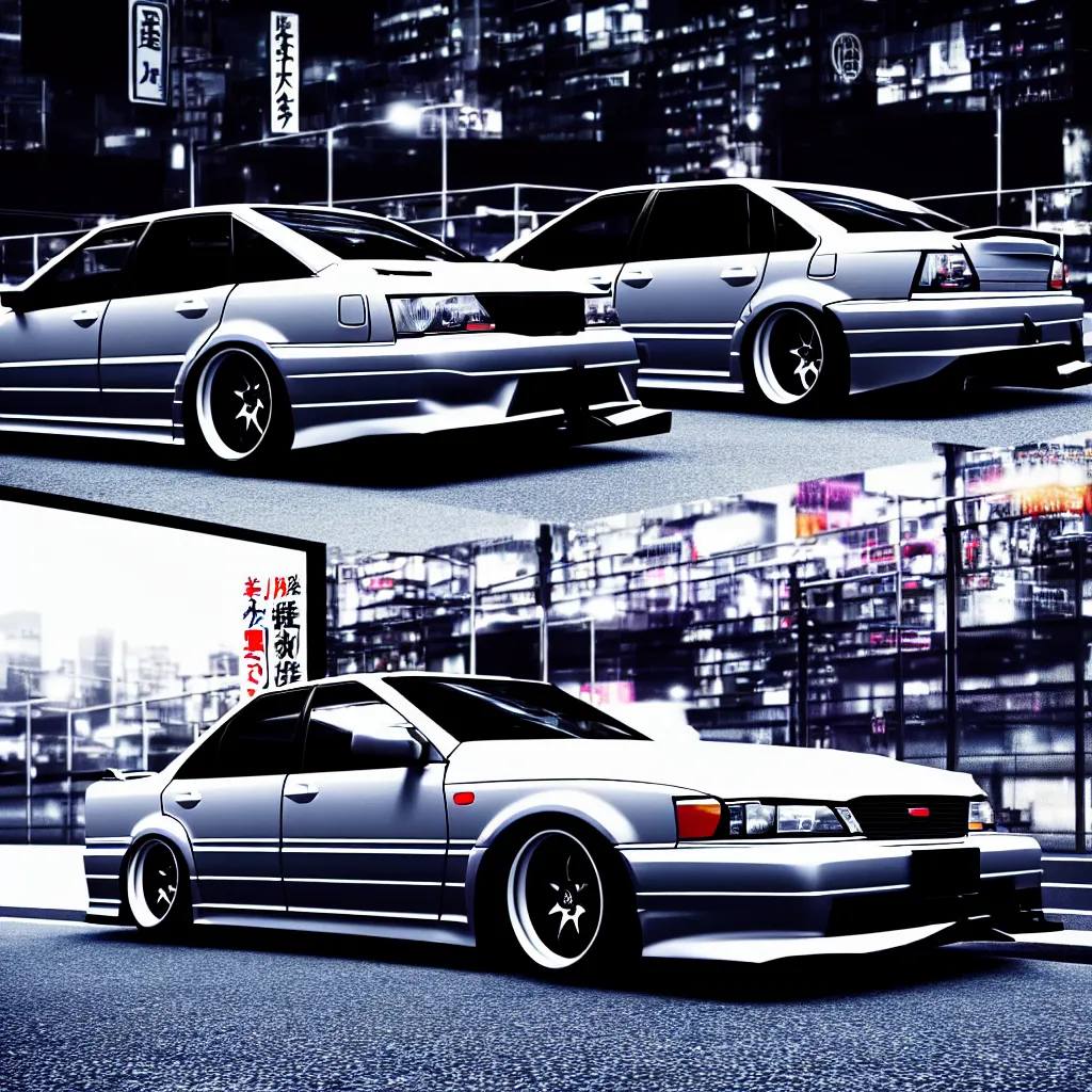 Prompt: zoom on car JZX100 twin turbo drift parked, Tokyo prefecture, Japanese architecture, city sunset mist lights, cinematic lighting, photorealistic, detailed alloy wheels, highly detailed, photoshoot