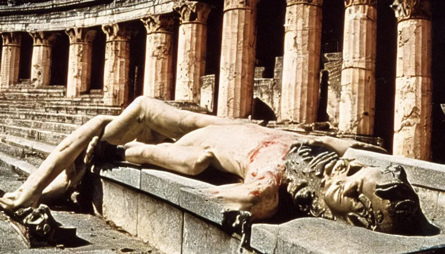 Prompt: 1 9 6 0 s movie still close - up of caligula laying dead on the ancient amphitheater's stairs bloody corpse, cinestill 8 0 0 t 3 5 mm, high quality, heavy grain, high detail, dramatic light, anamorphic