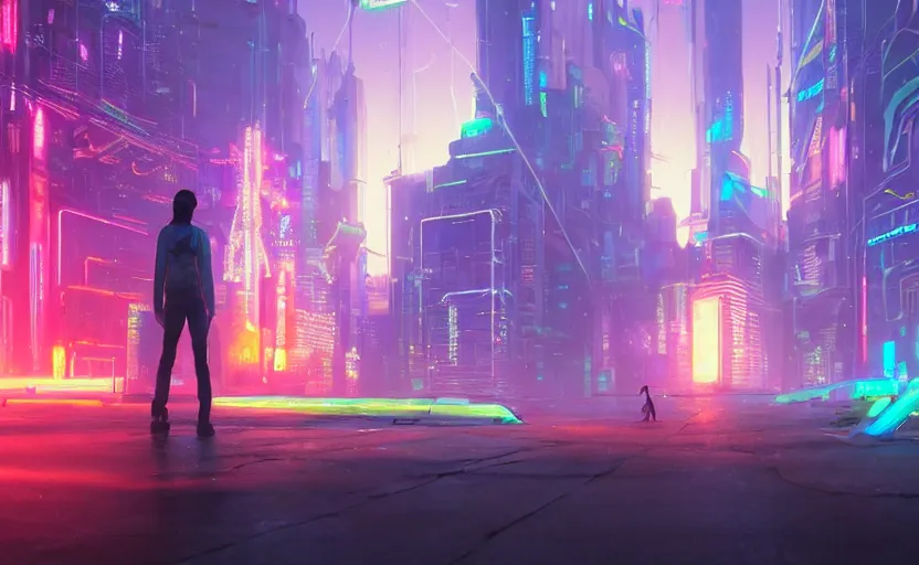 Image similar to A rainbow wizard in a cyberpunk city, magical portal, cyberpunk, glowing runes, technology, Low level, rendered by Beeple, Makoto Shinkai, syd meade, simon stålenhag, environment concept, synthwave style, digital art, unreal engine, WLOP, trending on artstation, 4K UHD image, octane render,