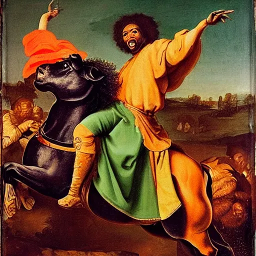 Prompt: black man with afro hair wearing an army green cloak, riding!!! an orange!! bull!!!, renaissance style painting