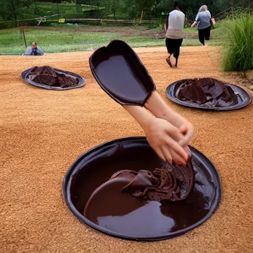 Prompt: person sliding through chocolate pudding head first, slip n slide