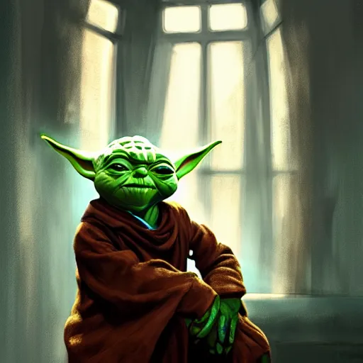 Prompt: yoda sitting in a chair in his living room with sunlight pouring in through a window, portrait, fantasy, beautiful face, vivid colors, elegant, concept art, sharp focus, digital art, hyper - realistic, 4 k, unreal engine, highly detailed, hd, dramatic lighting by brom, trending on artstation