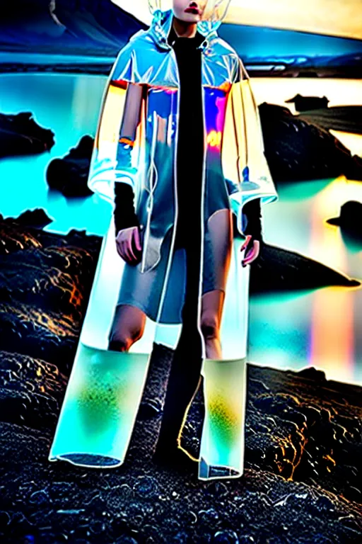 Image similar to an ultra high definition professional high fashion portrait studio full length photograph of a model wearing a transparent pearlescent raincoat and neon visor in an icelandic black rock environment at dawn. no artefacts. extremely detailed. stark. refraction. shallow depth of field. volumetric light and shadow. ray tracing. light rays.