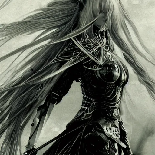 Prompt: yoshitaka amano realistic illustration of an anime girl with wavy white hair and cracks on her face wearing elden ring armour with the cape fluttering in the wind, abstract black and white patterns on the background, noisy film grain effect, highly detailed, renaissance oil painting, weird portrait angle