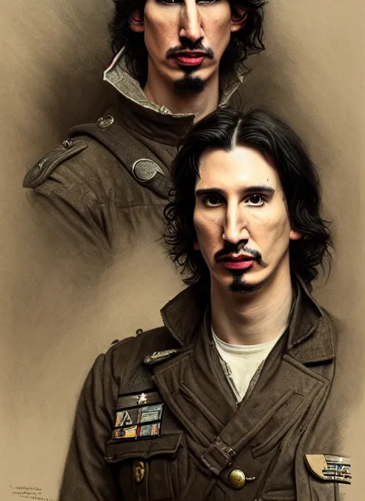 Prompt: a portrait of john oliver standing next to adam driver, stoic, military uniform, fantasy, intricate, beautiful, highly detailed, charcoal, centered, dark, smokey, digital painting, artstation, concept art, smooth, sharp focus, illustration, art by artgerm and greg rutkowski and alphonse mucha