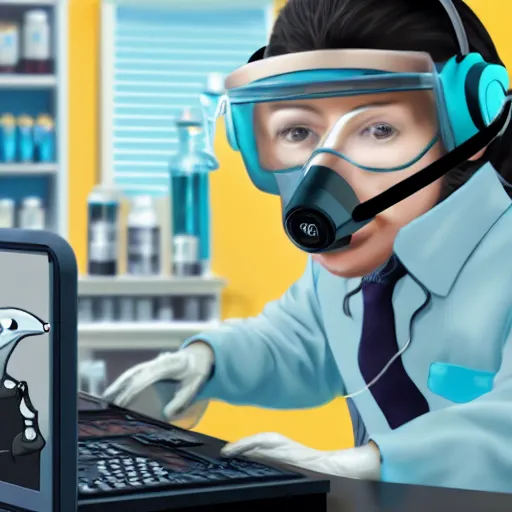 Image similar to An anthropomorphic grey dolphin dressed as a chemist playing games on a computer, digital painting, close-up, wearing a headset