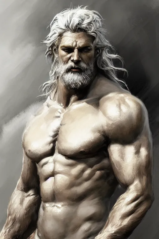 Image similar to painted portrait of rugged zeus, god of thunder, greek god, white hair, masculine, mature, handsome, upper body, muscular, hairy torso, fantasy, intricate, elegant, highly detailed, digital painting, artstation, concept art, smooth, sharp focus, illustration, art by gaston bussiere and craig mullins