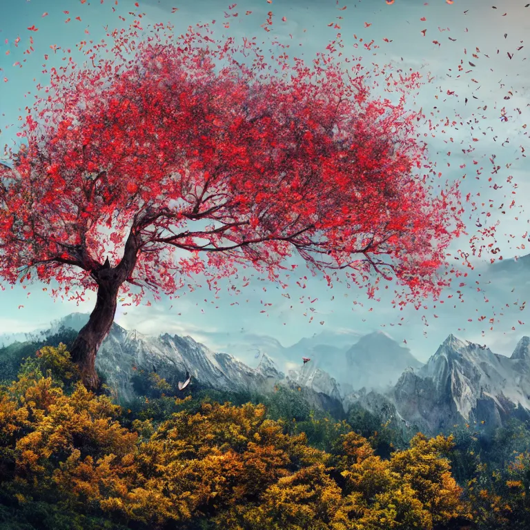 Image similar to a beautiful awesome artistic tree with falling flowers like leaves and many birds, all in the amazing outdoors view, mountain in the background, lake, long exposure, 8 k resolution, trending on artstation