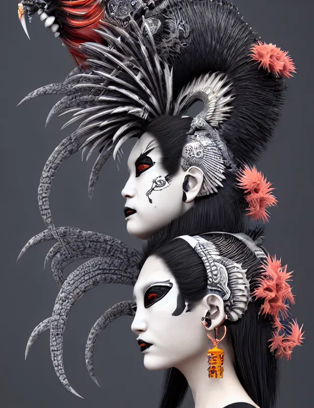 Image similar to 3 d goddess close - up profile portrait punk with mohawk with ram skull. beautiful intricately detailed japanese crow kitsune mask and clasical japanese kimono. betta fish, jellyfish phoenix, bio luminescent, plasma, ice, water, wind, creature, artwork by tooth wu and wlop and beeple and greg rutkowski