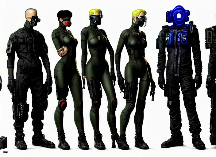 Prompt: cyberpunk blackops hazmat squad. portrait by stonehouse and mœbius and will eisner and gil elvgren and pixar. character design. realistic proportions. cyberpunk 2 0 7 7 character art, blade runner 2 0 4 9 concept art. cel shading. attractive face. thick lines. the team. diverse characters. artstationhq.