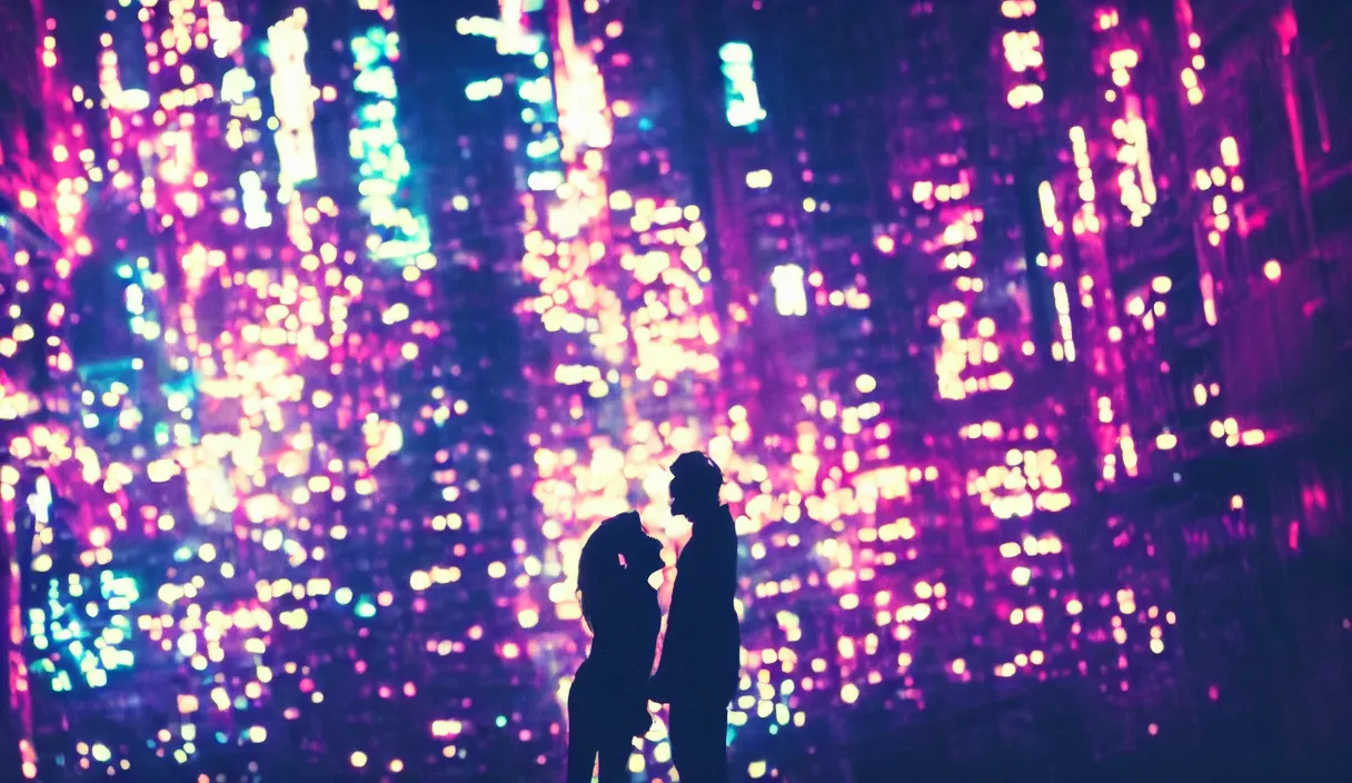 Prompt: two silhouettes kissing in front of a cyberpunk city, neon lights, bokeh, close up, award wining photograph, movie still,