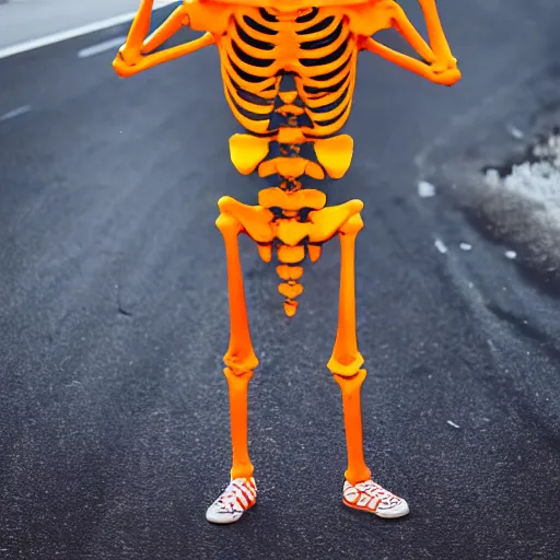 Prompt: a skeleton. his hands looks like traffic - cones. full body photography.