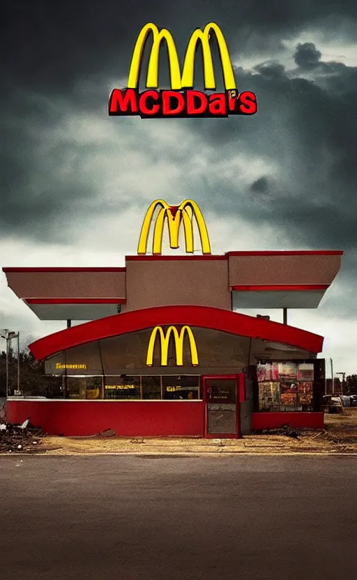 Image similar to beautiful epic poster of mcdonalds in an apocalypse. thunder, lightning, hd, hq. very detailed.