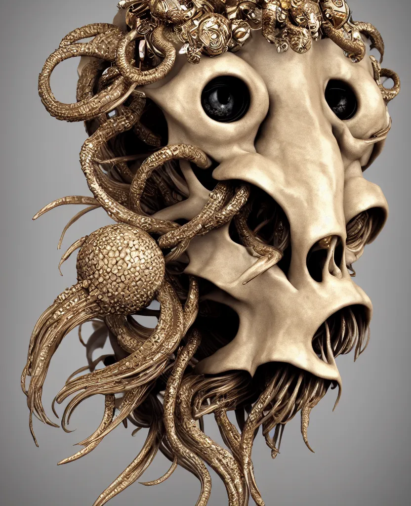 Image similar to goddess princess face close-up portrait ram skull. sculpture made of black clay and gold. jellyfish phoenix head, nautilus, orchid, skull, betta fish, bioluminiscent creatures, intricate artwork by Tooth Wu and wlop and beeple. octane render, trending on artstation, greg rutkowski very coherent symmetrical artwork. cinematic, hyper realism, high detail, octane render, 8k